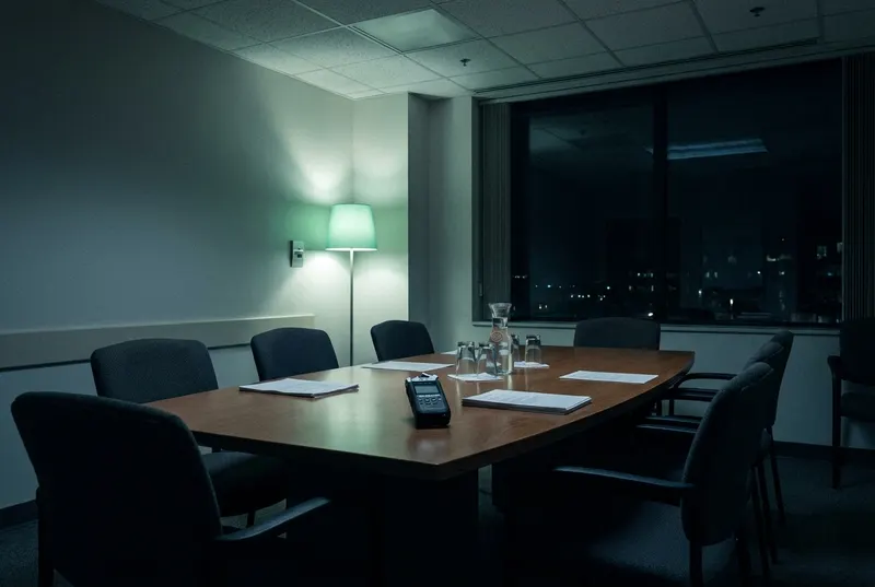 Besprechungsraum eines Krankenhauses bei Nacht mit Aufnahmegerät