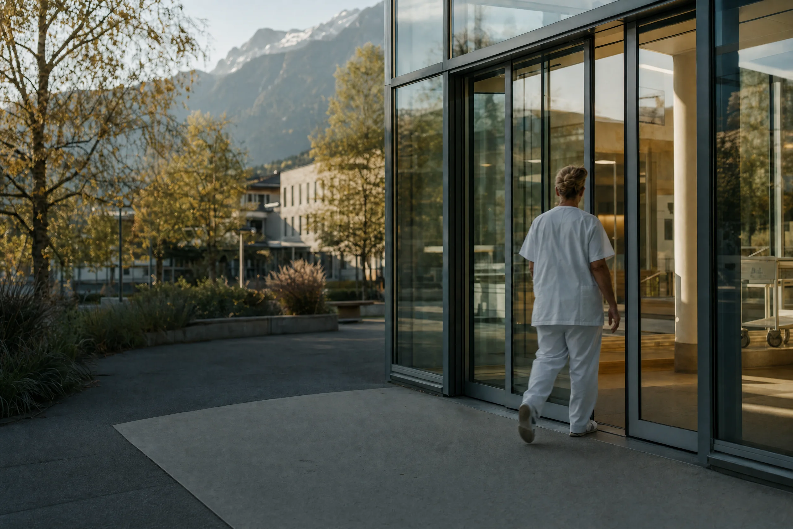 Eingang eines Krankenhauses am späten Nachmittag