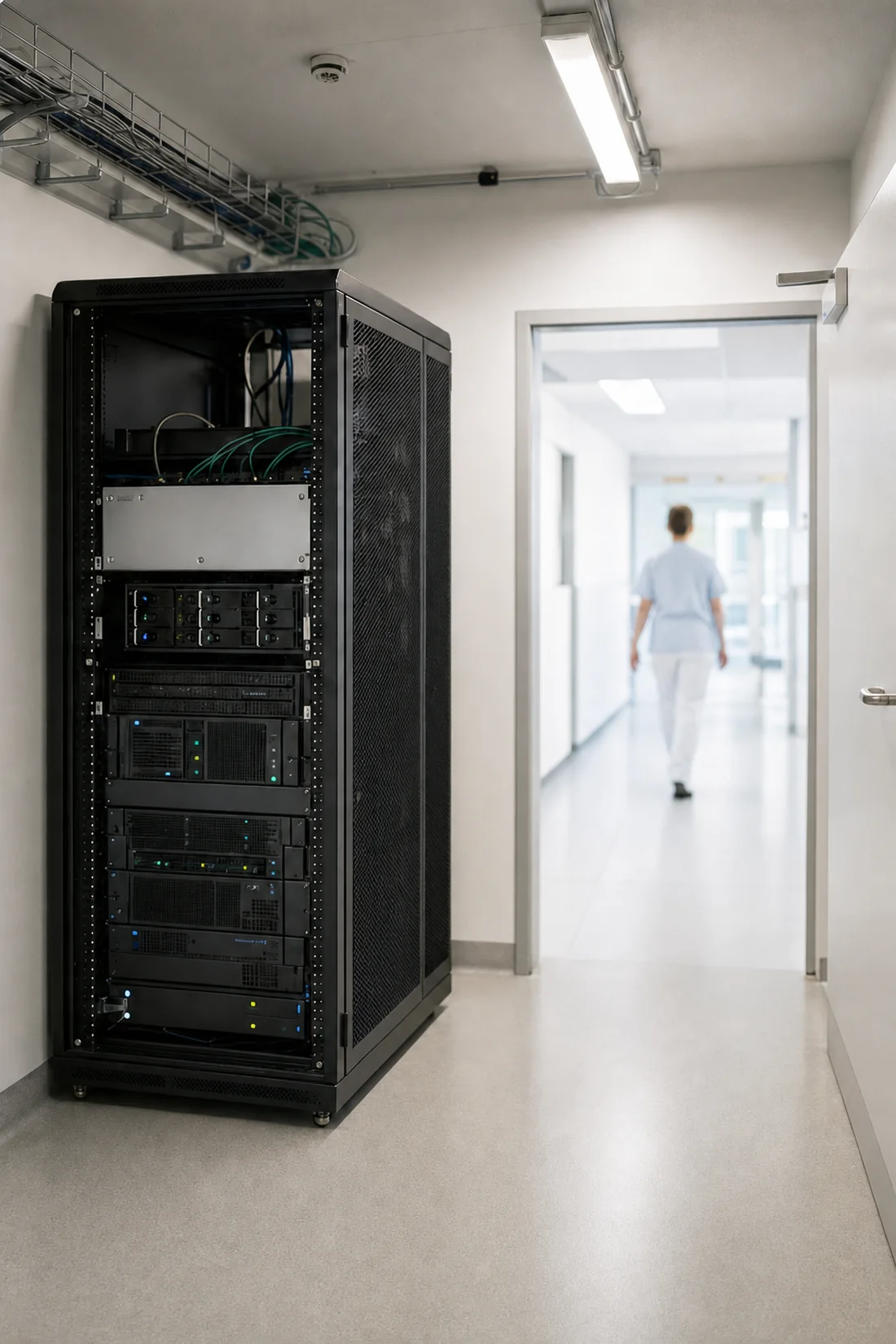 Serverschrank in einem Raum des Krankenhauses, die Tür zum Gang steht offen